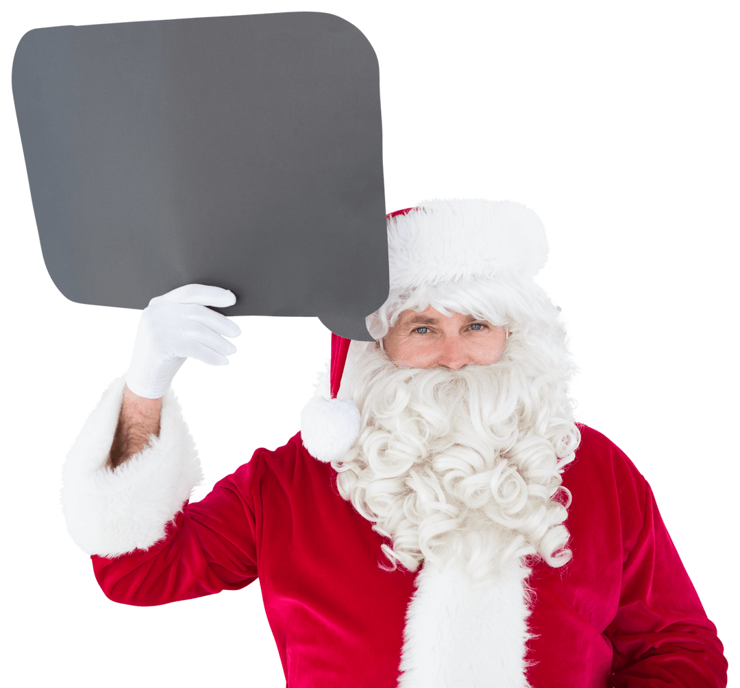 Smiling Santa Claus Holding Blank Black Speech Bubble Transparent Background