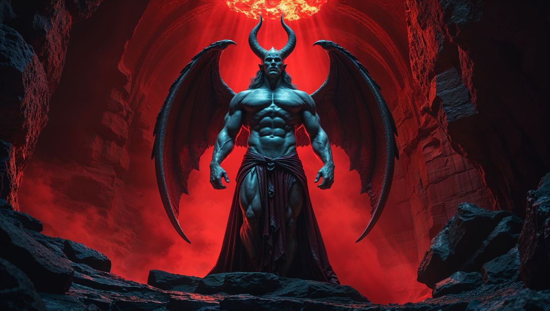 Mythical satan in fiery cave with flaming orb