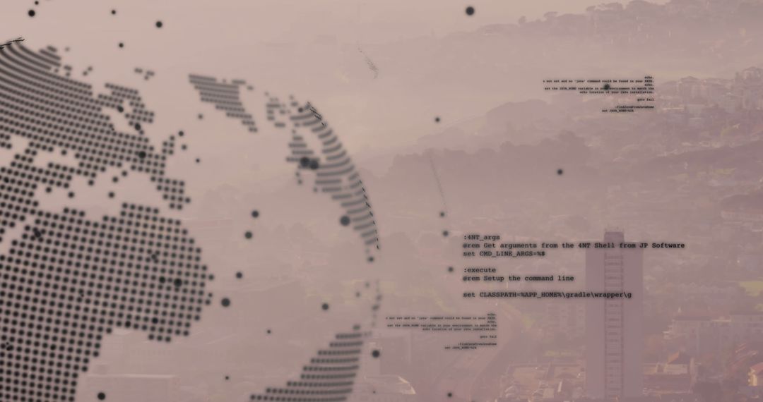 Digital Globe Overlay with Financial Data on Misty Cityscape