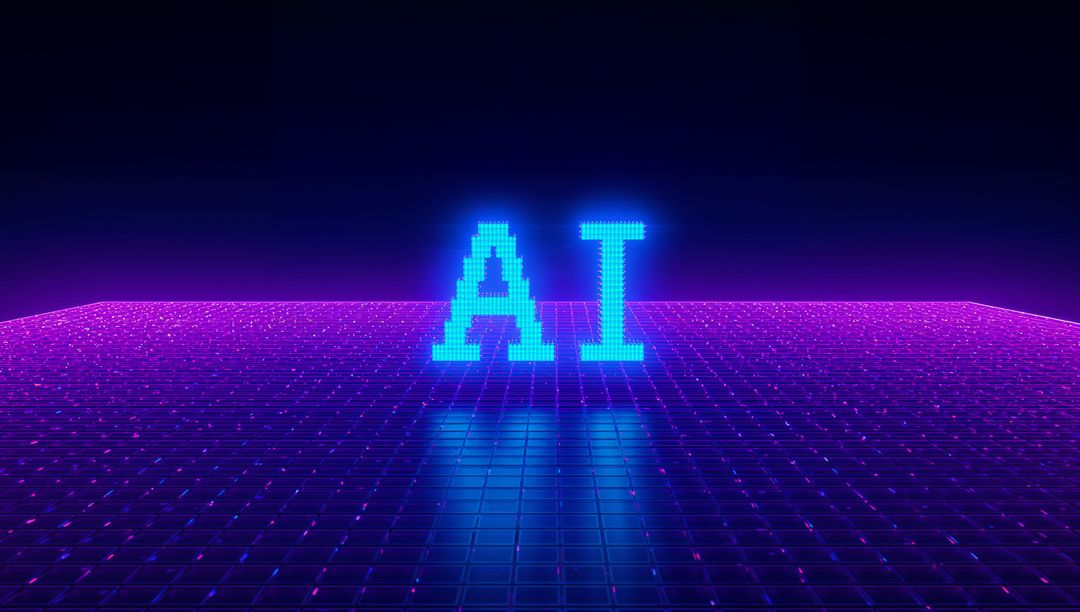 Glowing Pixel AI Letters on Neon Tiled Grid Floor in Retrofuturistic Cyberpunk Studio