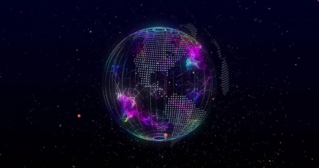 Digitally Generated Globe with Neon Network Connectivity on Black Background