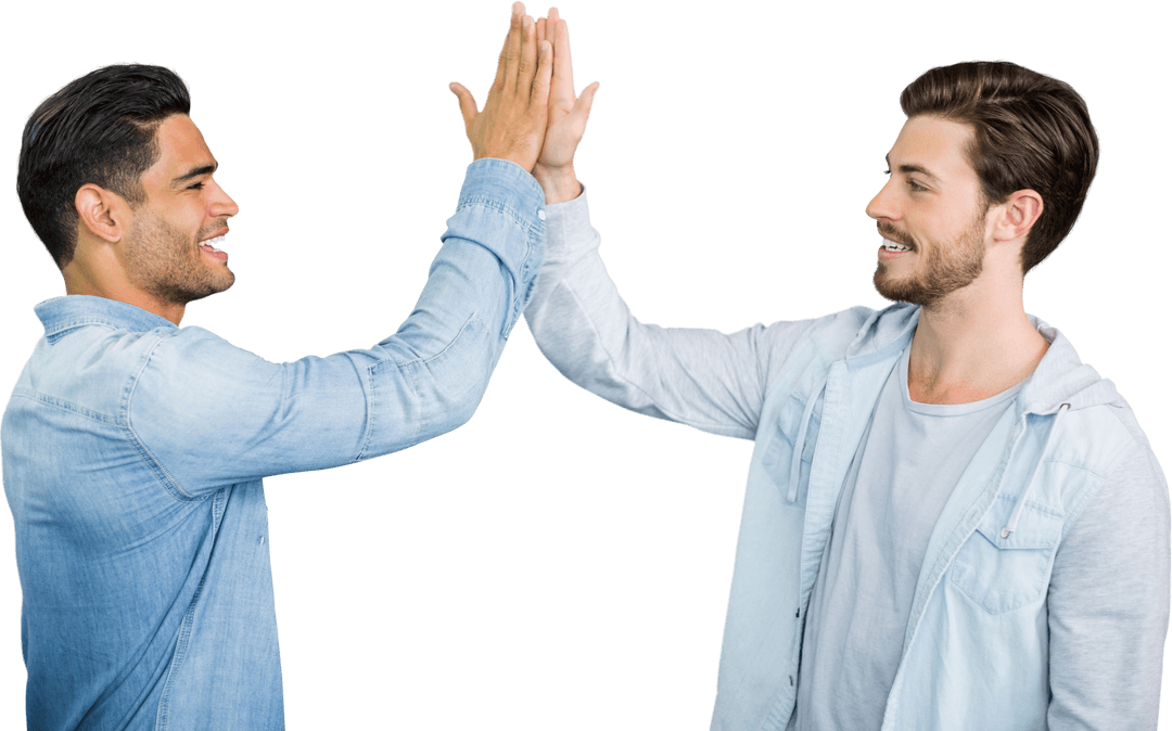 Friendly Young Men High Fiving on Transparent Background