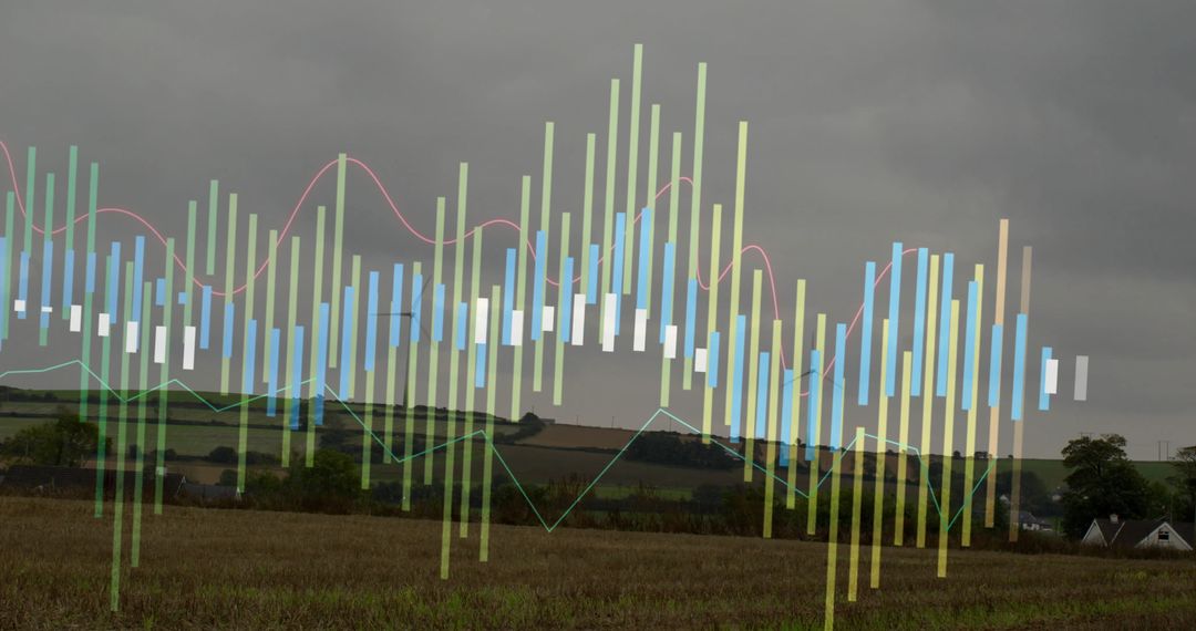 Digital Financial Data Represented Over Rural Farmland Scenery