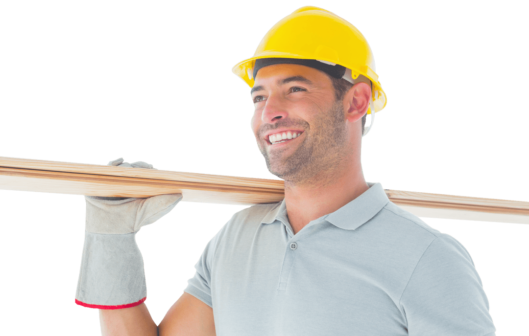 Smiling Construction Worker in Yellow Hard Hat on Transparent Background