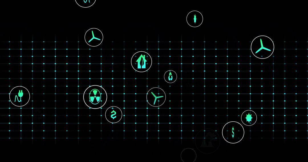 Glowing teal energy icons floating on digital grid futuristic network interface