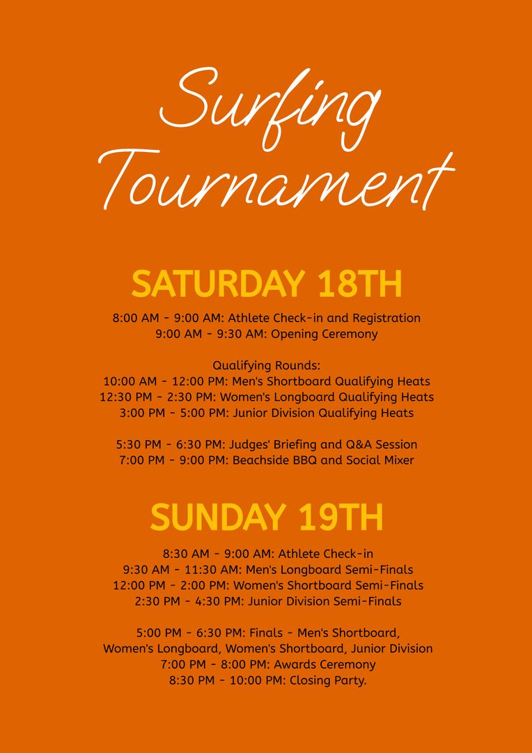 Bright Surfing Tournament Event Schedule with Itinerary Details - Download Free Stock Templates Pikwizard.com