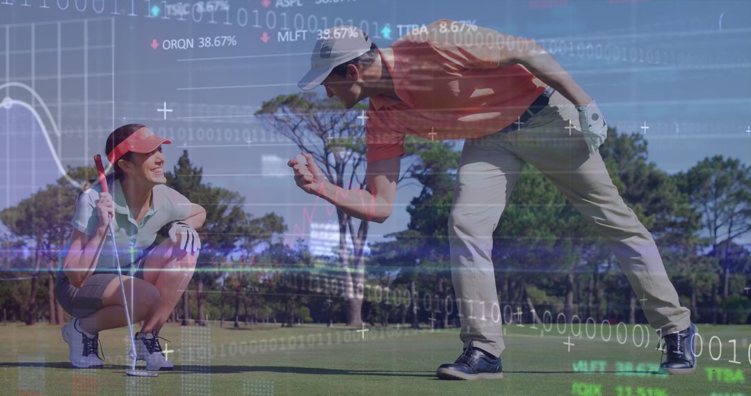 Golf Enthusiasts Analyzing Performance Data on Course