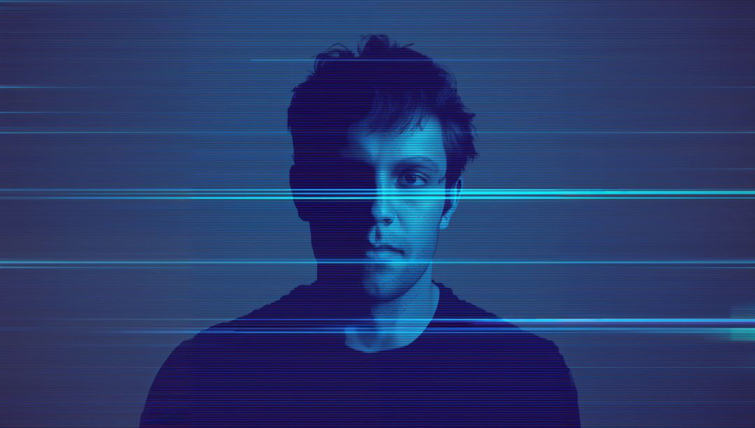 Cyberpunk portrait man standing facing camera black shirt cyan glitch scanlines