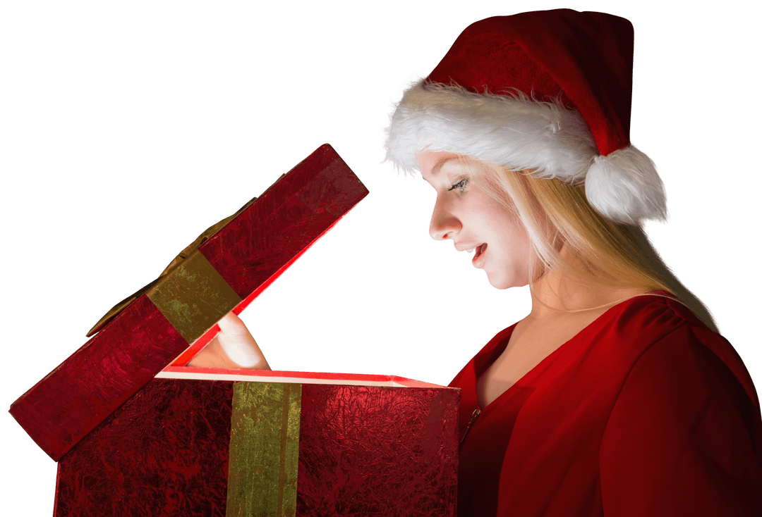 Joyful Santa in Transparent Background Opening Magic Present