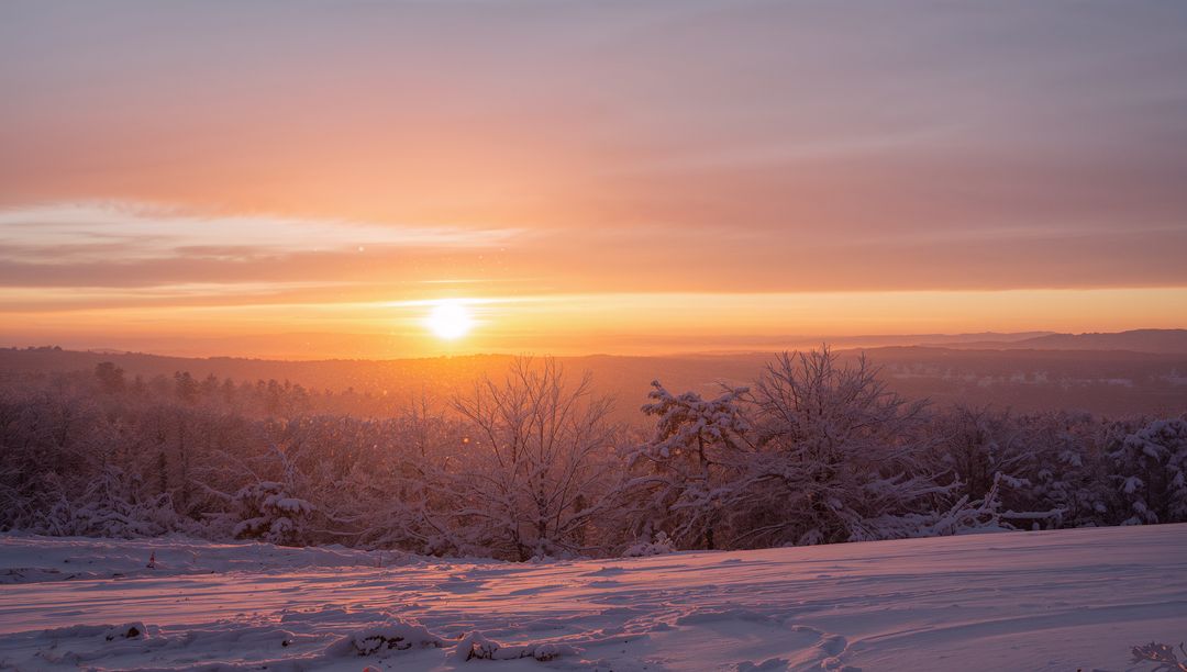 Sun Rising Over Snowy Field Casting Warm Sunrise Glow Across Frosted Trees