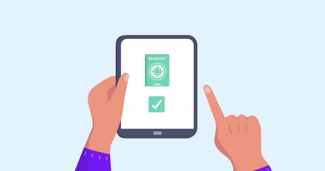 Hands Operating Tablet with Travel Icons and Passport App