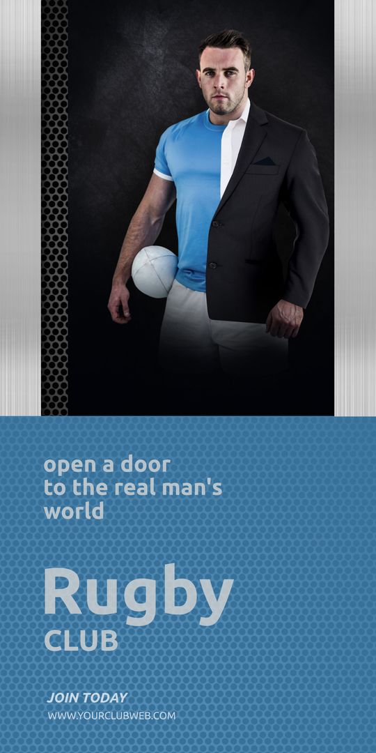 Confident Man Holding Rugby Ball Promoting Rugby Club Membership - Download Free Stock Templates Pikwizard.com