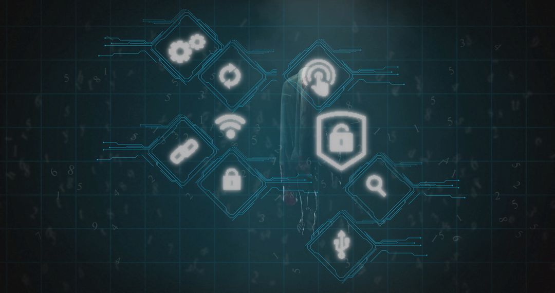 Digital Technology Icons on Blue Background Symbolize Cybersecurity Concepts