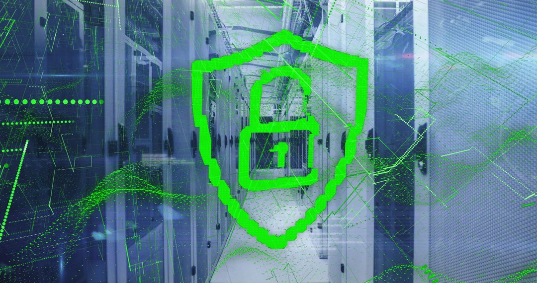 Cybersecurity Shield Lock Over Computer Servers