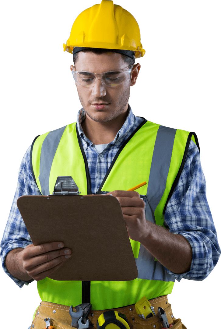 Caucasian Male Construction Worker Writing Clipboard on Transparent Background