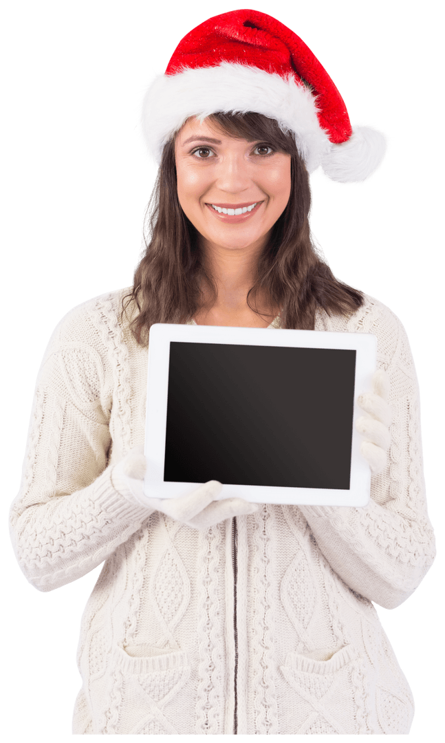 Festive Woman in Santa Hat with Transparent Tablet Display