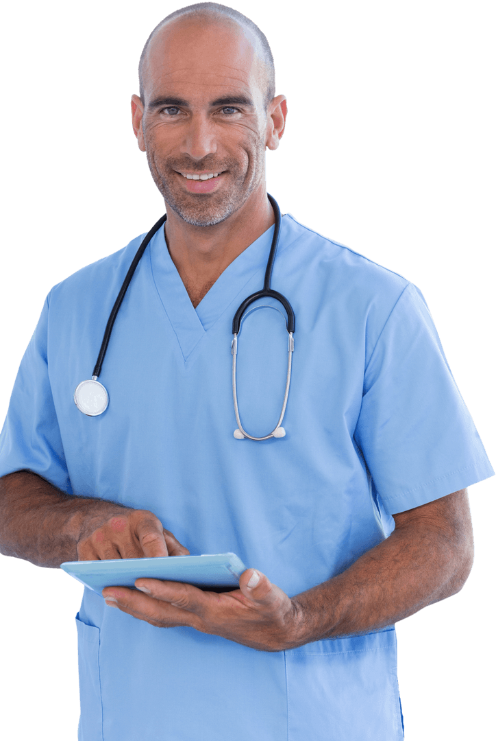Transparent Smiling Doctor Using Tablet in Medical Environment