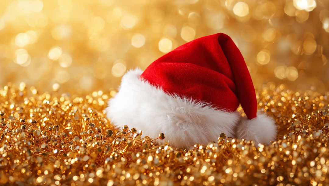 Resting Santa Hat on Gold Tinsel with Sparkling Beads, Warm Bokeh and Festive Glow
