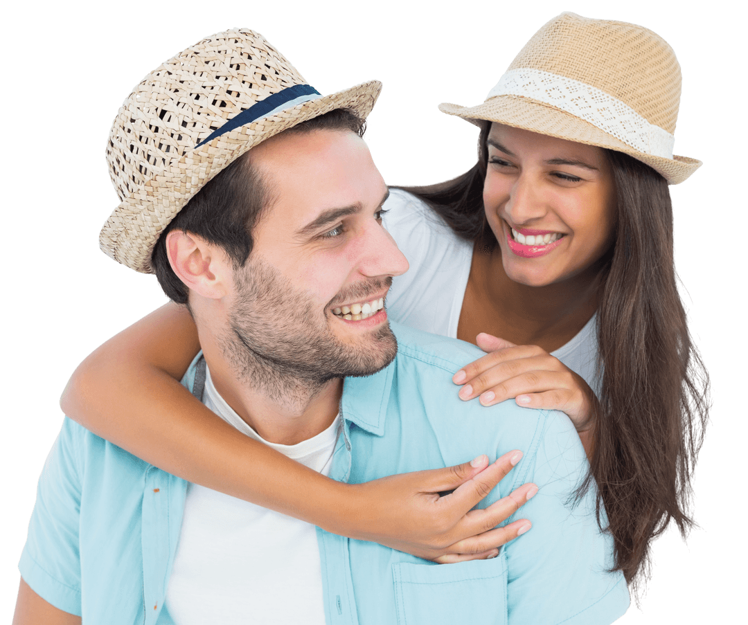 Happy Couple in Straw Hats Embracing, Transparent Background