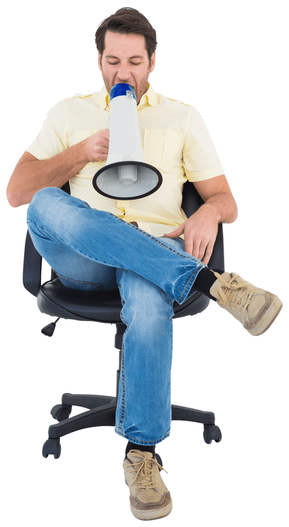 Man Shouting Leg Crossed Sitting arms folded through Transparent Megaphone In Chair