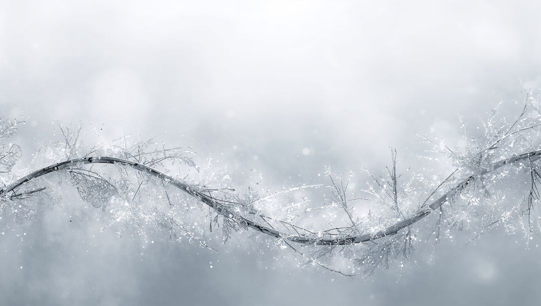 Stretching frost-covered curved branch with sparkling ice crystals on soft winter haze