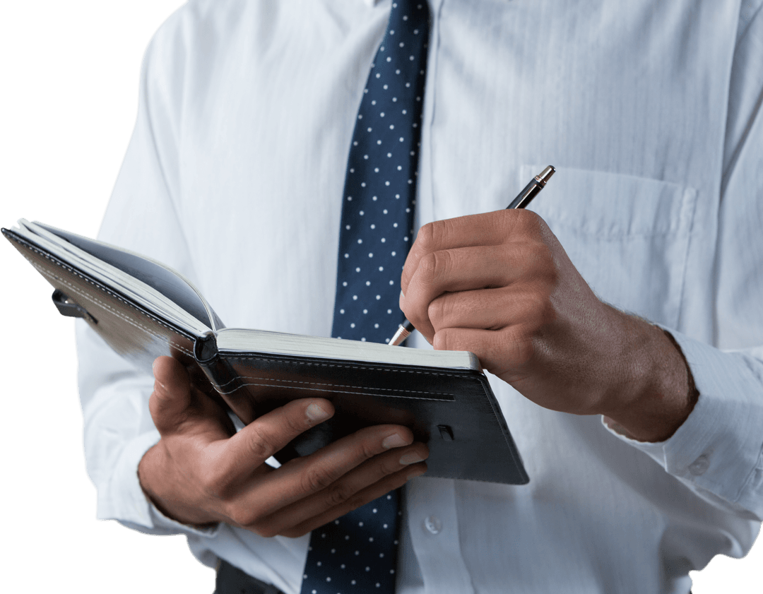 Transparent Executive Writing in Notebook with Pen and Tie