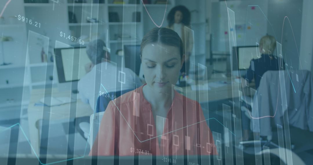 Caucasian Woman Analyzing Financial Data in Modern Office Environment