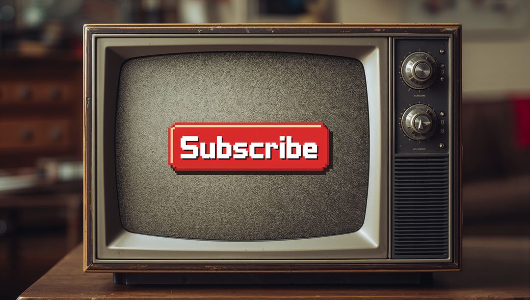 Retro CRT TV Showing Pixelated Red Subscribe Button on Static Screen Vintage Console