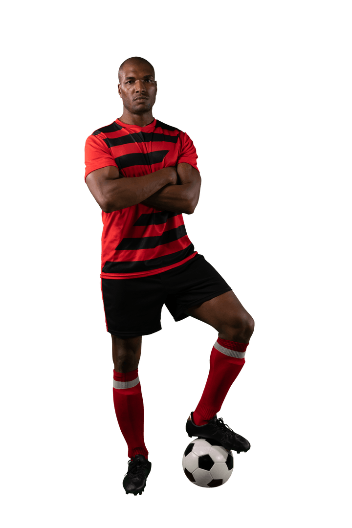Soccer Player with Ball on Transparent Background in Red Uniform