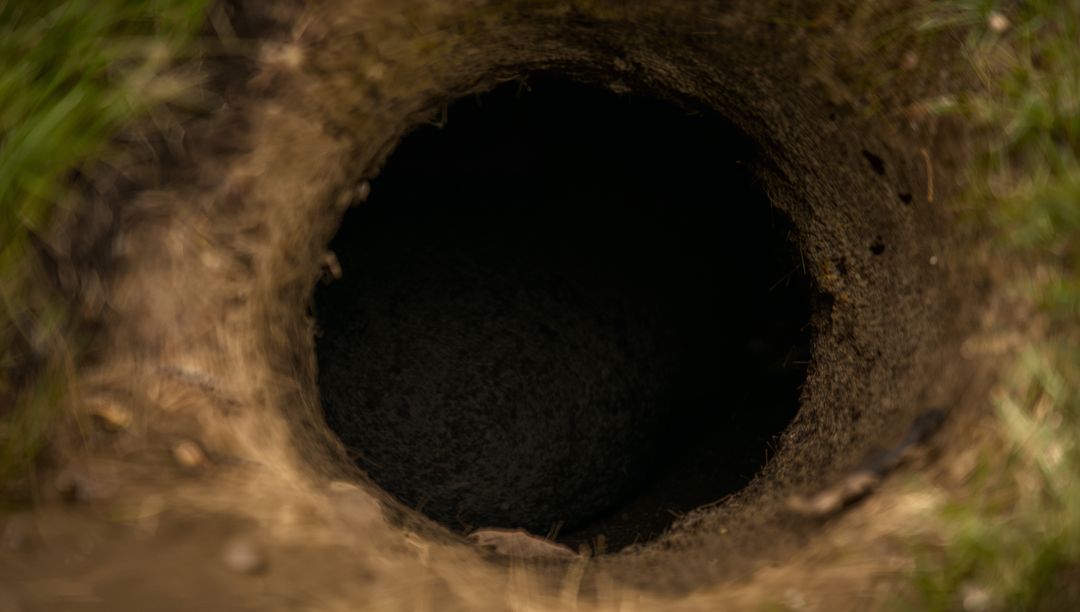 Deep Dark Ground Shaft Revealing Circular Soil Pit with Compacted Rim, Shadowed Interior