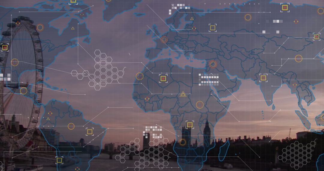 World Map with Data Graphics over London Skyline