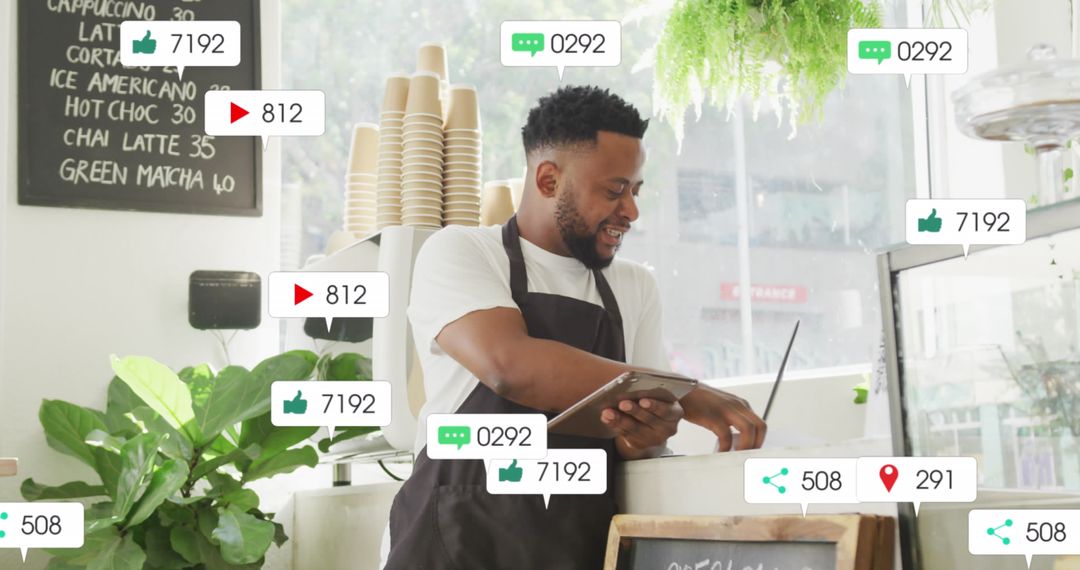 Tech-Savvy African American Barista in Coffee Shop Analyzing Digital Data