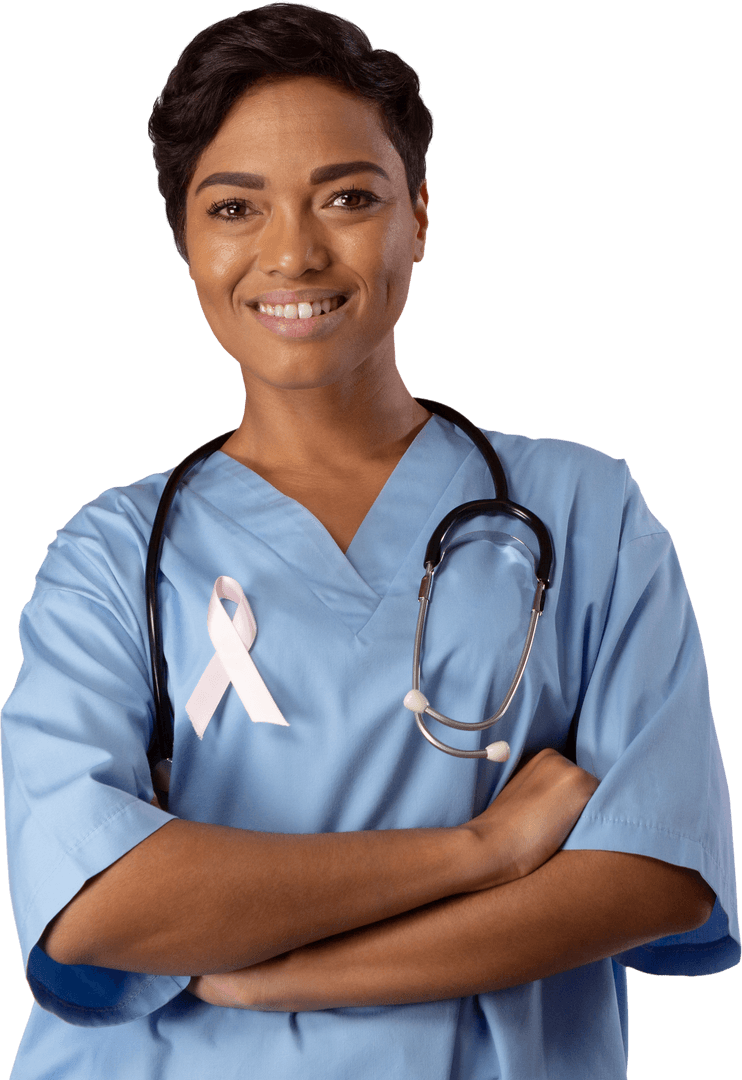 Smiling Nurse in Blue Scrubs with Pink Ribbon and Stethoscope Transparent Background