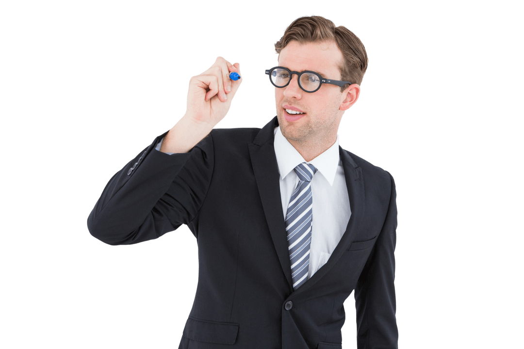Smart Businessman Writing with Marker on Transparent Background