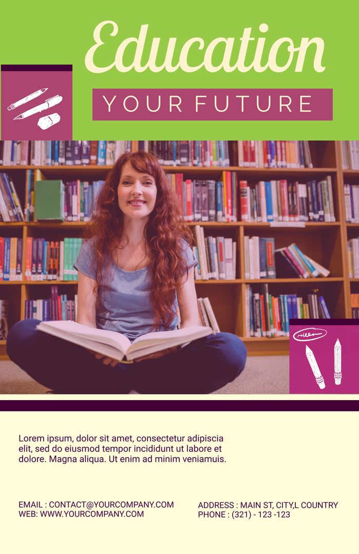 Young Woman Reading Book in Library Promoting Education