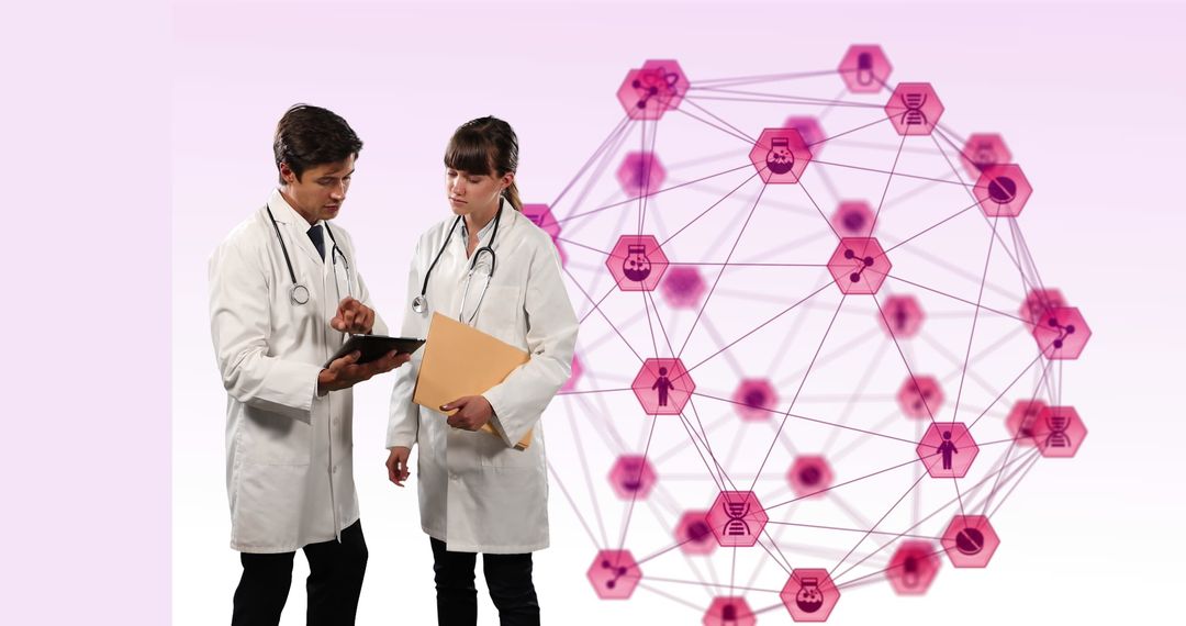 Doctors Analyzing Data with Digital Innovation Background