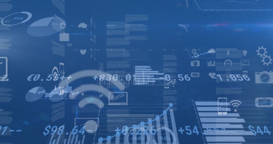 Digital Financial Data and Graphs on Blue Futuristic Background