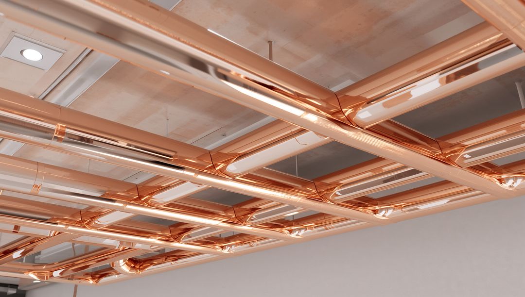 Rose-gold Metallic Light Grid Hanging from Concrete Ceiling with LED Diffusers