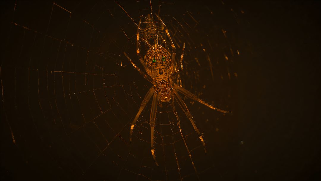 Hanging Orb-Weaver Spider at Night on Luminous Web