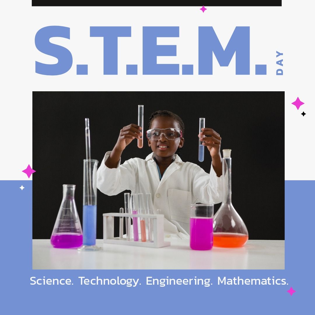 Composition of stem text over african american boy with test tubes in lab - Download Free Stock Templates Pikwizard.com