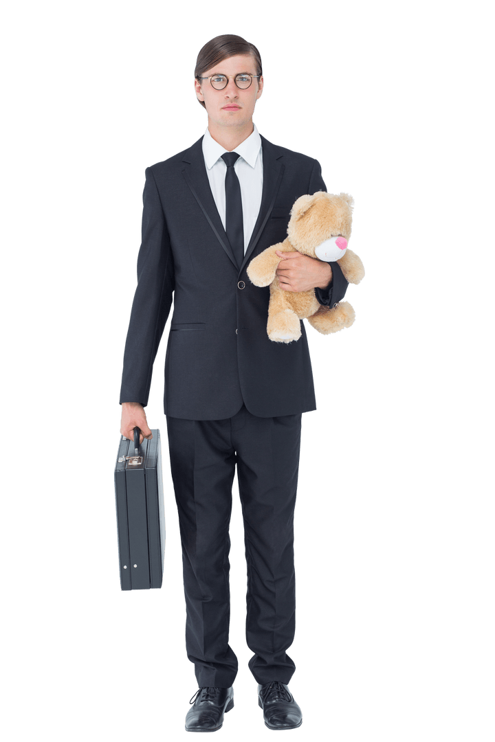 Geeky Businessman Holding Briefcase and Teddy Bear Transparent