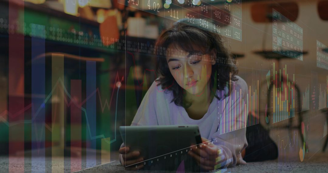 Woman Analyzing Financial Data at Home with Tablet Overlays