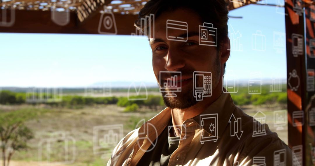 Entrepreneur interacting with virtual data icons on glass panel in outdoor workspace