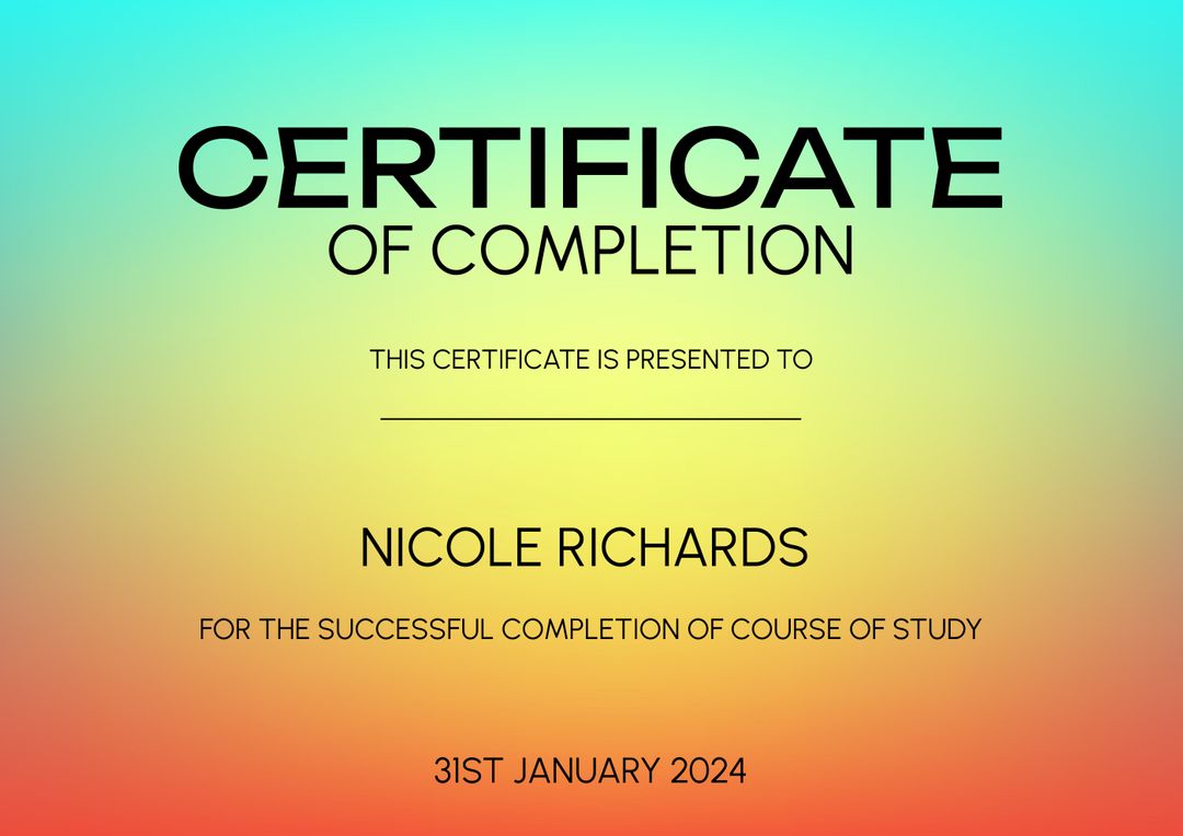 Vibrant Certificate of Completion on Gradient Background - Download Free Stock Templates Pikwizard.com