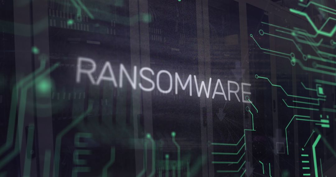 Ransomware Illustration Amid Digital Circuitry in Server Room