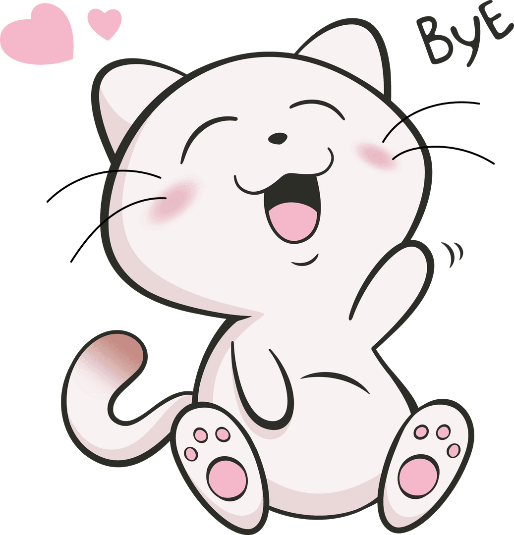Transparent Cartoon Cat Waving Adorably with Hearts and Bye Text