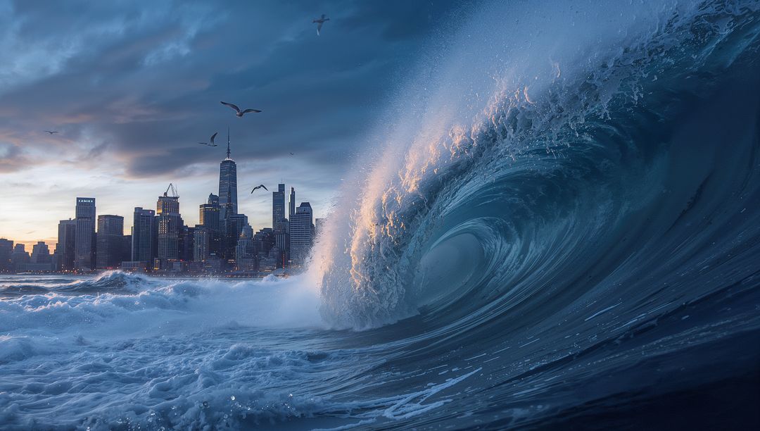 Massive Ocean Wave Approaching Futuristic Cityscape at Dusk