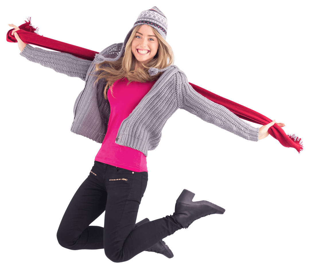 Joyful Woman in Winter Outfit with Transparency