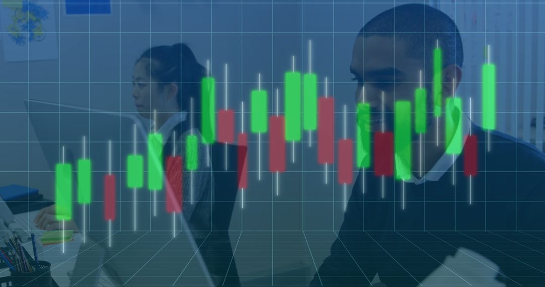 Business Team Analyzing Stock Market Data with Candlestick Chart Overlay - Free Images, Stock Photos and Pictures on Pikwizard.com