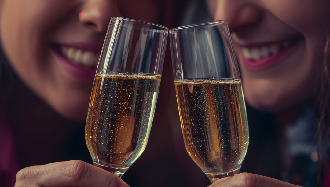 Smiling friends clinking champagne flutes during intimate sparkling toast